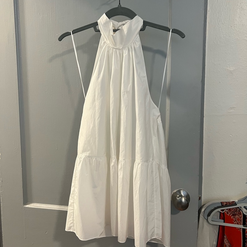 Theory White Halter Neck Tiered Cotton Top
